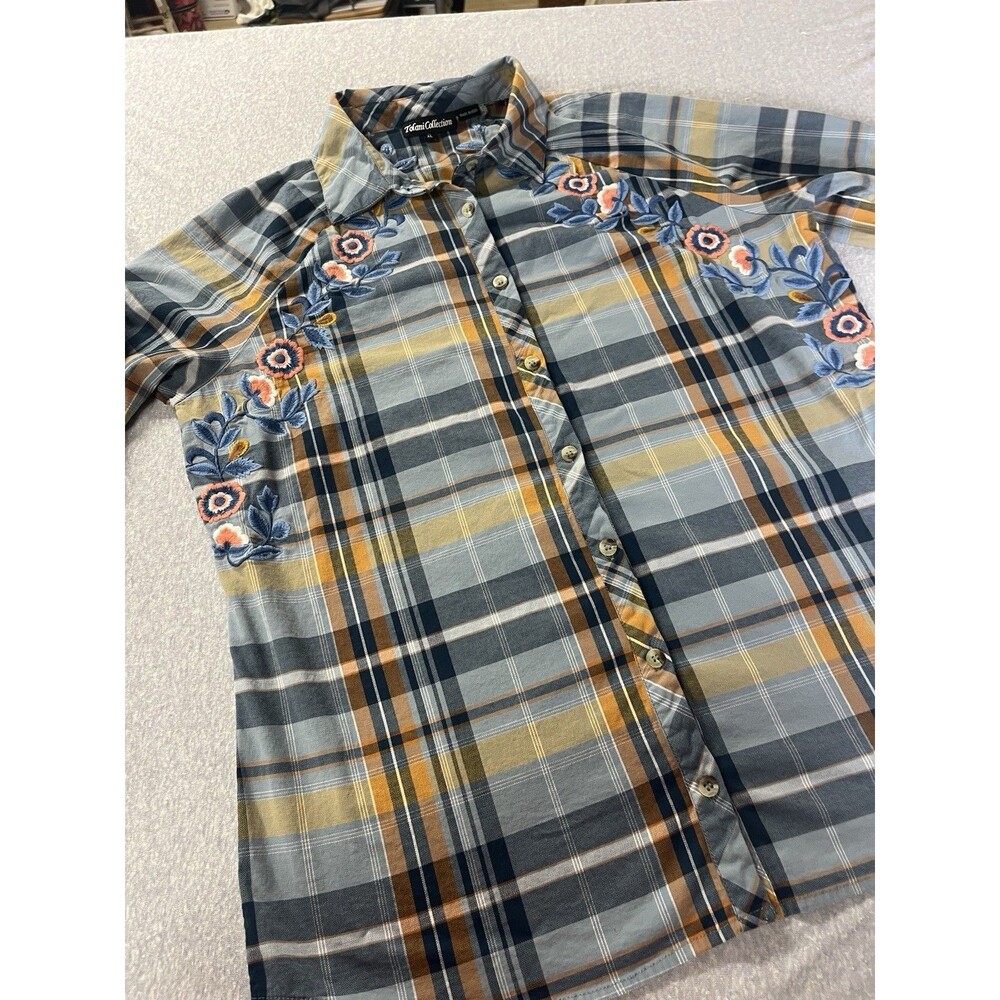Tolani Collection Embroidered Floral Fall Plaid Button Women’s XL Cotton